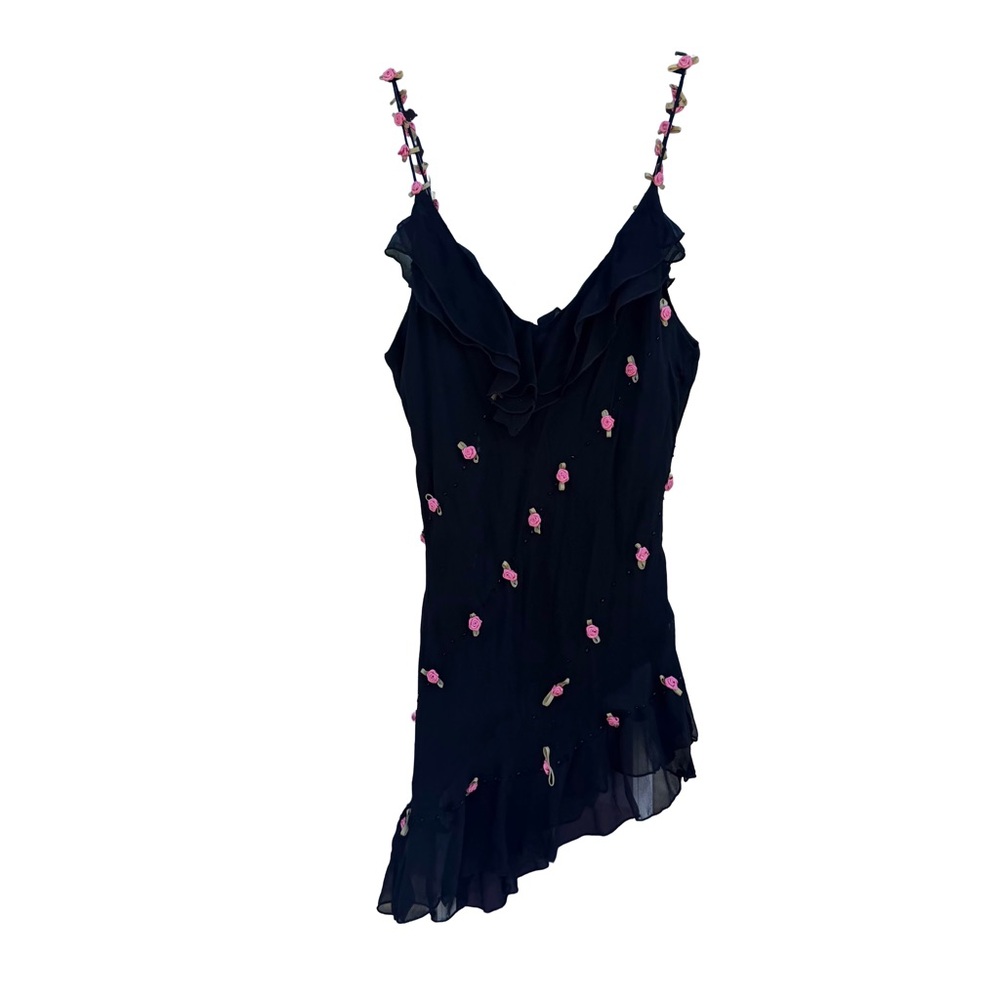 vintage y2k 100% silk beaded top asymmetrical hem rose straps